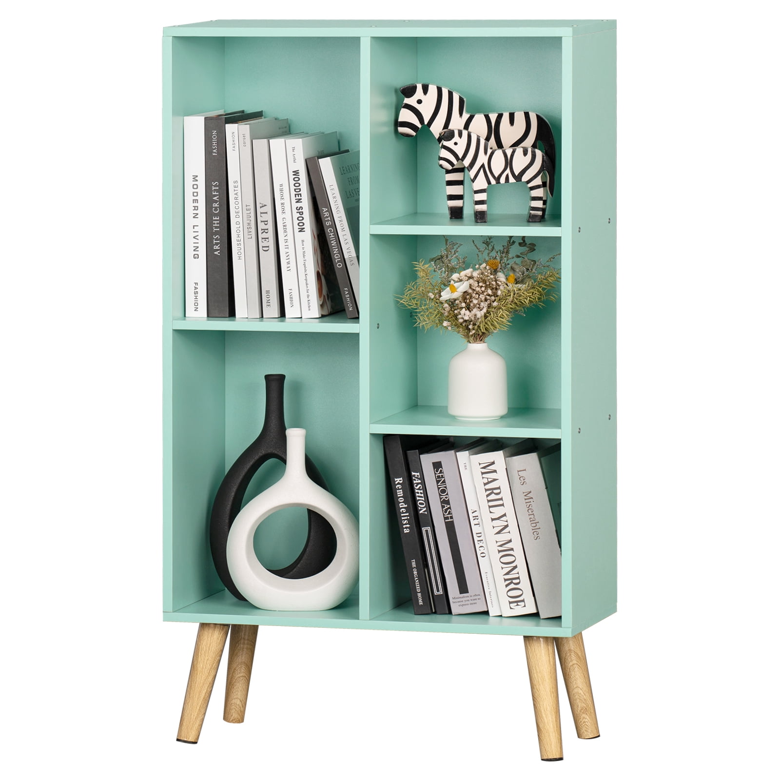 LELELINKY 5 Cube Bookcase Storage, 38 Inch Large Tall Floor Standing Open Bookshelf for Home Office, Living Room, and Bedroom, Green