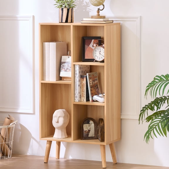 LELELINKY 5 Cube Bookcase Storage, 38 Inch Large Tall Floor Standing Open Bookshelf for Home Office, Living Room, and Bedroom, Natural Oak