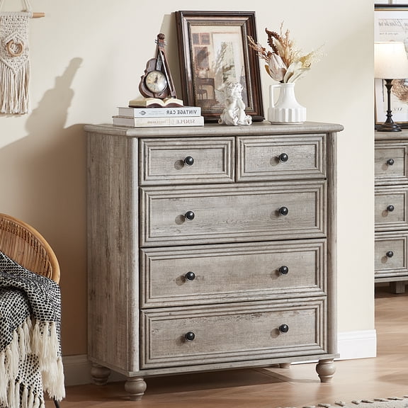 LELELINKY 5 Drawers Dresser for Bedroom, Farmhouse Dresser Wood Chest of Drawers for Living Room, Entryway, Hallway, Gray