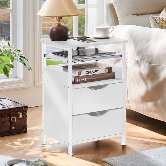 LELELINKY 5-Tier End Table with LED Light & Charging Station, Narrow Wooden Side Table with Shelf and Drawers, Bedside Table for Bedroom