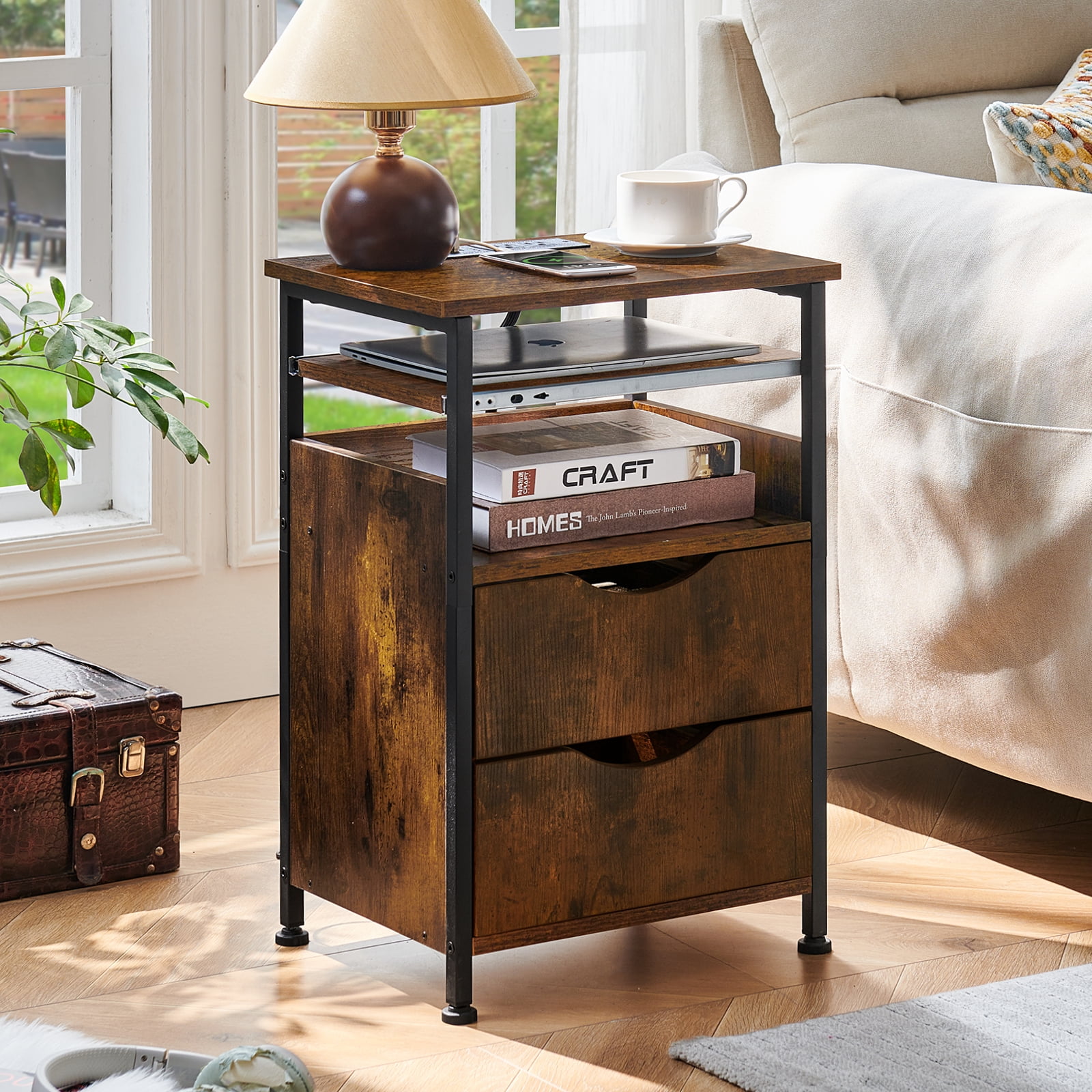 LELELINKY 5-Tier Side Table with Charging Station - End Table with 2 Outlets & 2 USB Ports, Nightstand with 7 Color LED Light for Bedroom, Living Room, Rustic Brown