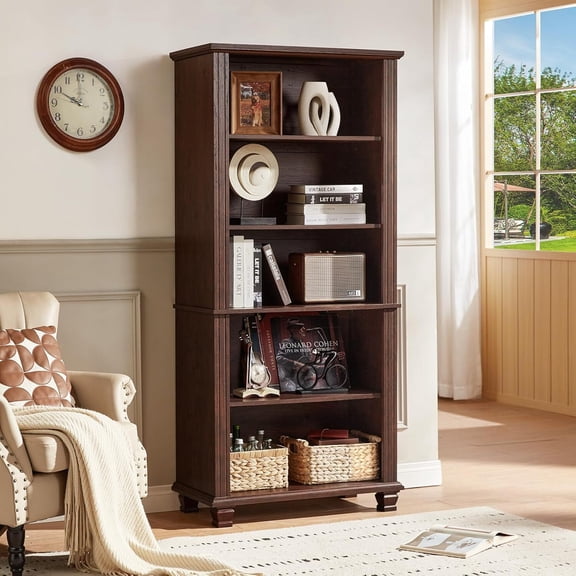 LELELINKY 5-Tier Upright Bookshelf with Open Display Shelves, Farmhouse Bookcase with Open Display Storage for Living Room, Walnut
