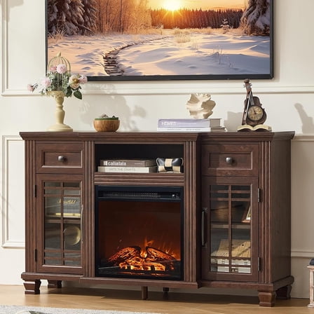 LELELINKY 52" Electric Fireplace TV Stand with Mantel, Farmhouse Entertainment Center for TVs up to 65" with Remote Control, Walnut