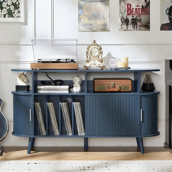 LELELINKY 55in Round Record Player Stand with Charging Station & Vinyl Storage, Mid-Century Turntable Stand for Living Room, Black