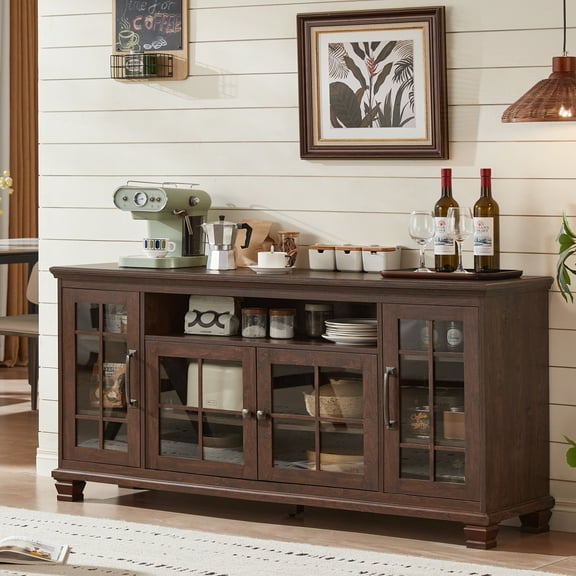 LELELINKY 6-Doors Farmhouse Sideboard with Glass Doors, 60'' W Buffet Cabinet with Adjustable Shelves, Coffee Bar Table for Kitchen Dining Room, Walnut