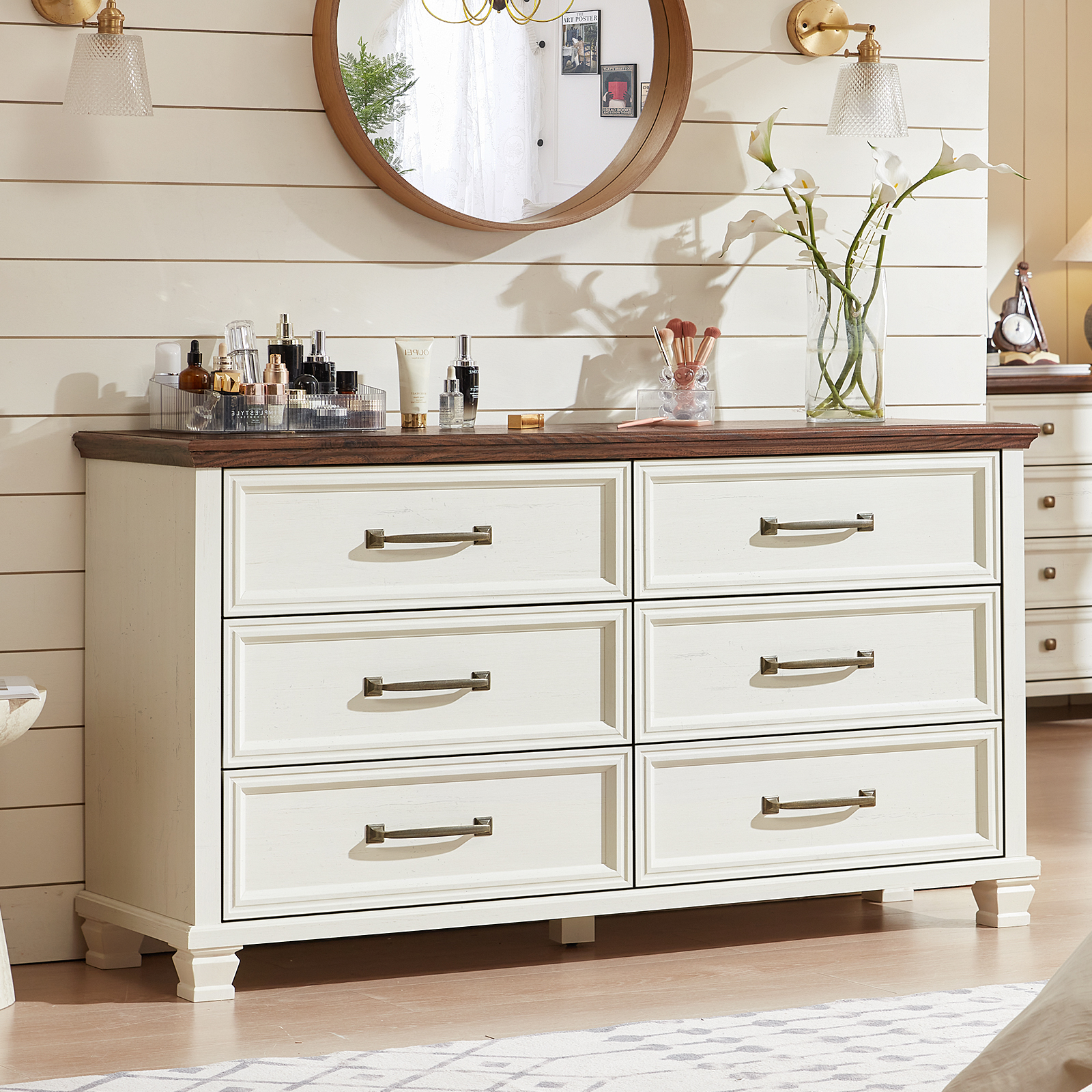 LELELINKY 6 Drawer Double Dresser, 54" Adult Wood Storage Side Cabinet Chest of Drawer for Bedroom Living Room Hallway, White & Brown