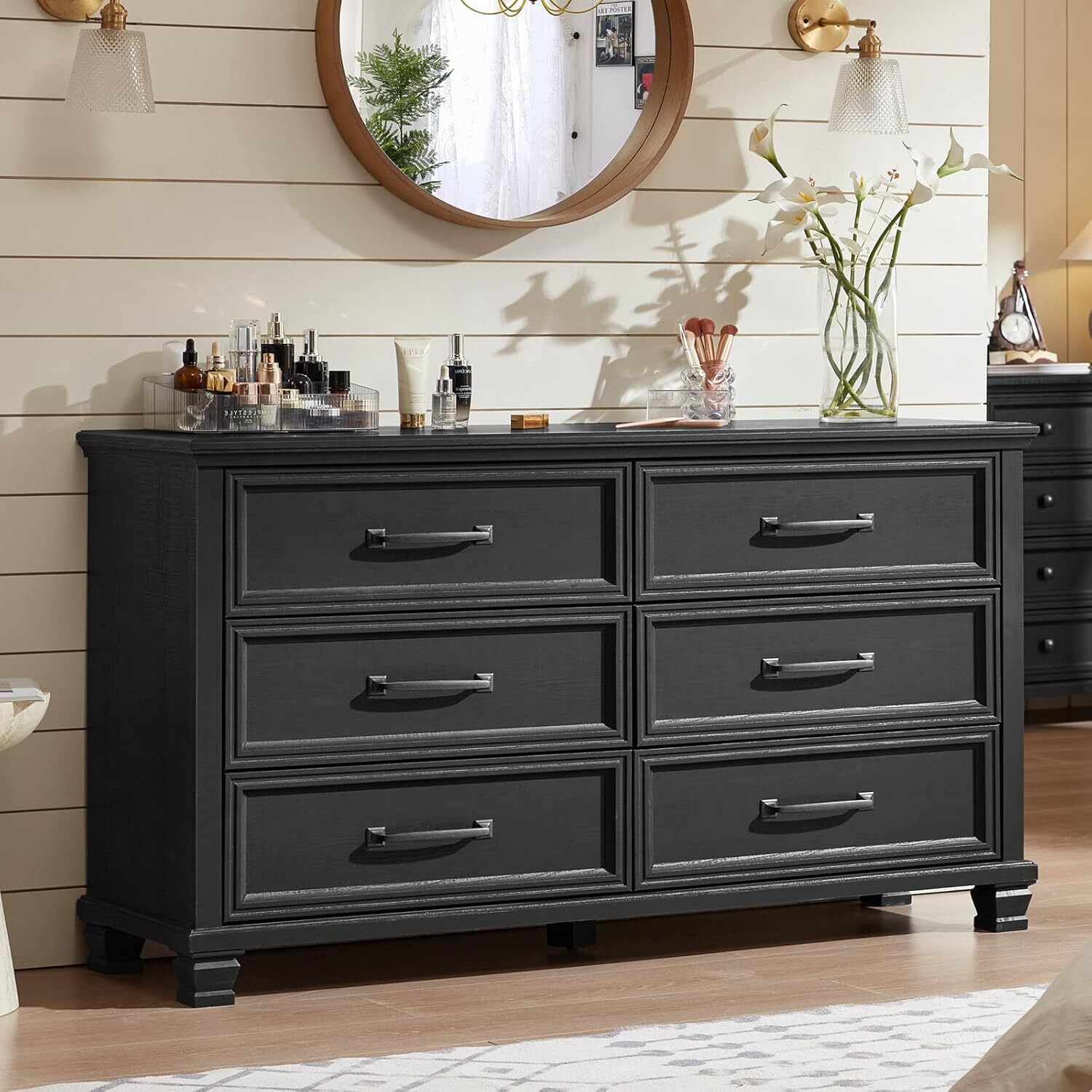 LELELINKY 6 Drawer Dresser for Bedroom, Chest of Drawers Wood Storage Cabinet for Living Room, Black