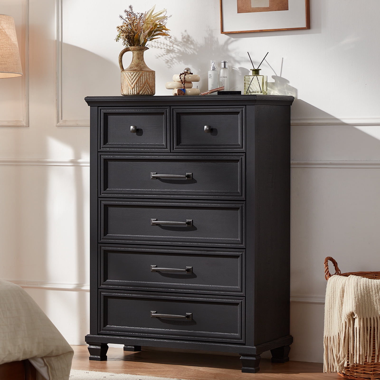 LELELINKY 6 Drawer Vertical Dresser for Bedroom, Modern Chest of Drawers Wood Storage Cabinet for Living Room, Black