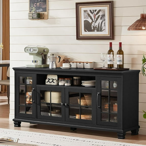 LELELINKY 60" Farmhouse Buffet Cabinet with 4 Glass Doors, Wood Sideboard with Adjustable Shelves for Kitchen Storage, Black