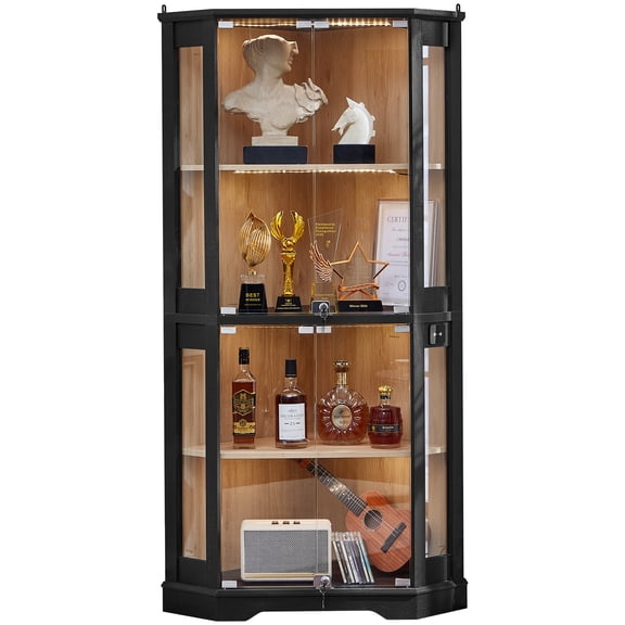 LELELINKY 65" LED Display Cabinet with Glass Door, Modern Lighted Curio Cabinet with Adjustable Shelves for Living Room Storage, Black