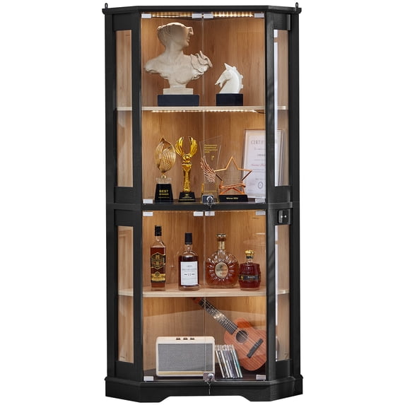LELELINKY 65" LED Display Cabinet with Glass Door, Modern Lighted Curio Cabinet with Adjustable Shelves for Living Room Storage, Black