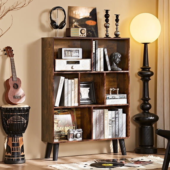 LELELINKY 7 Cube 3-Tier Open Wooden Bookshelf, Toy Shelves Bookshelves,Wood Display Bookcases, Brown