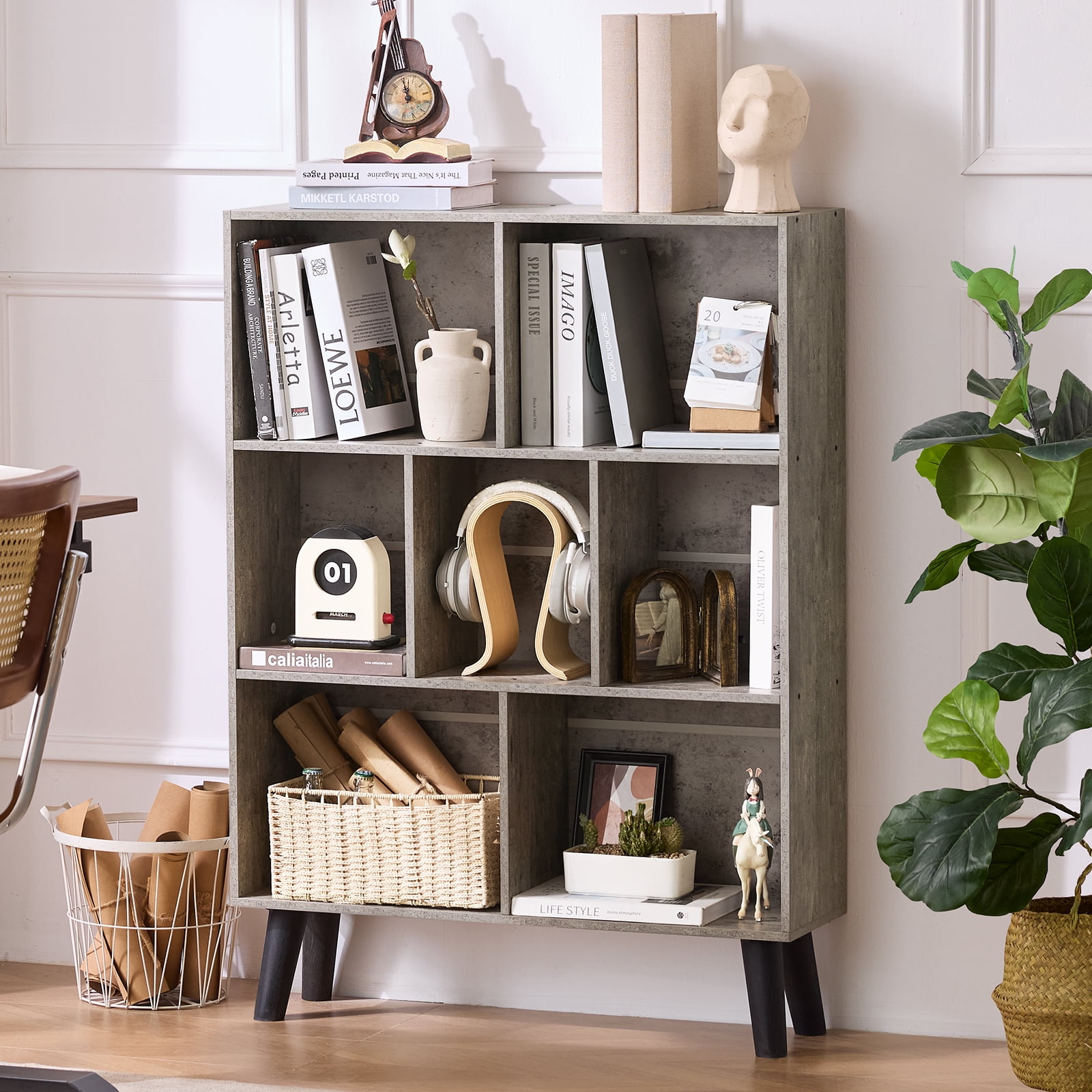 LELELINKY 7 Cube 3-Tier Open Wooden Bookshelf Toy Storage Organizer with Anti-toppling Kits Grey