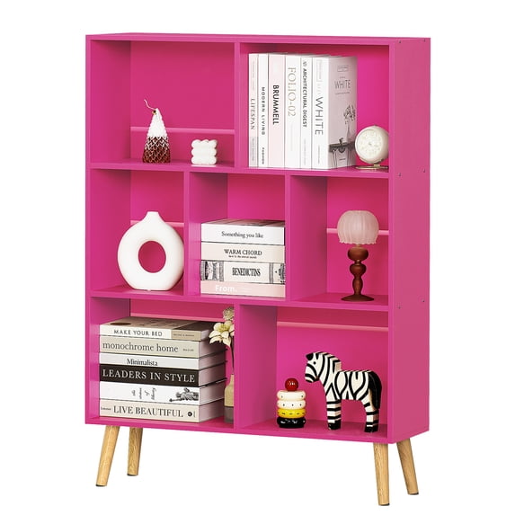 LELELINKY 7 Cube 3-Tier Open Wooden Bookshelf Toy Storage Organizer with Anti-toppling Kits, Pink