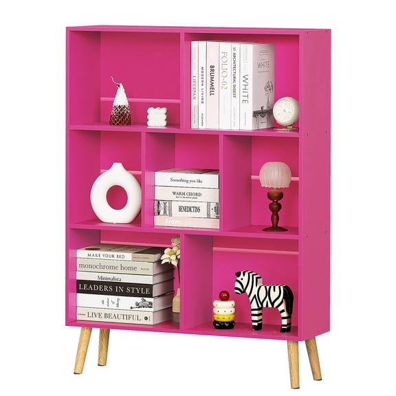 LELELINKY 7 Cube 3-Tier Open Wooden Bookshelf Toy Storage Organizer with Anti-toppling Kits, Pink