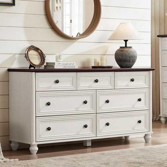 LELELINKY 7 Drawer White Dresser for Bedroom, Modern Chest of Drawer Wood Storage Cabinet for Entryway Living Room, White