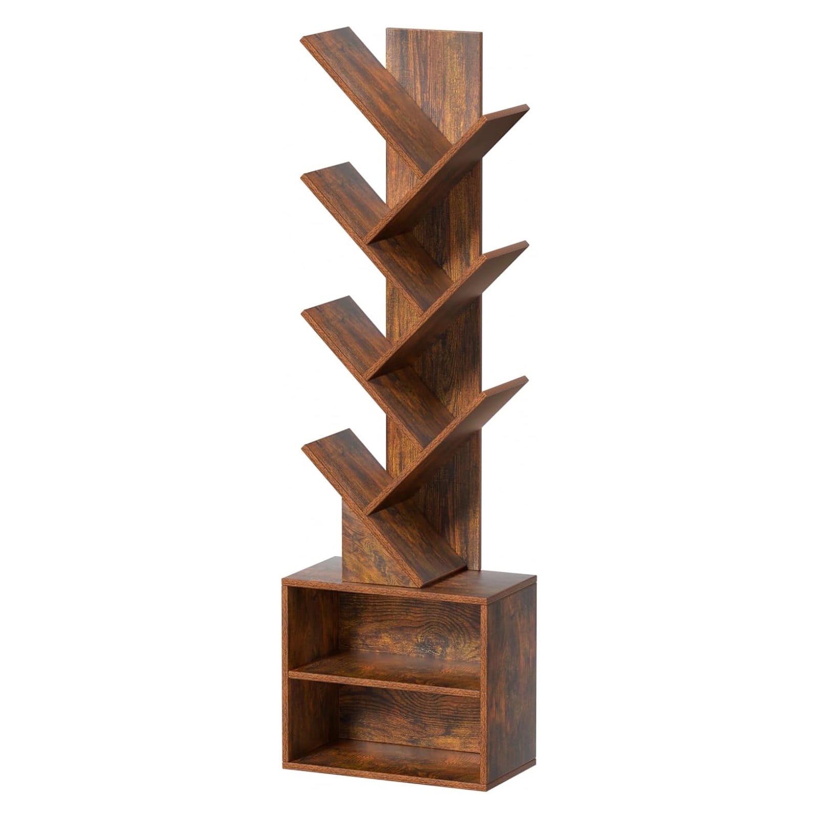 LELELINKY 7-Tier Wooden Bookcase with 2 Shelves, Free Standing Tree Bookshelf for Home Office, Rustic Brown
