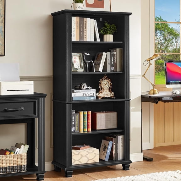 LELELINKY 70" Tall 6-Tier Bookshelf, Black Bookcase for Home Office and Living Room, Wooden Freestanding Display Shelf for Library, Classroom
