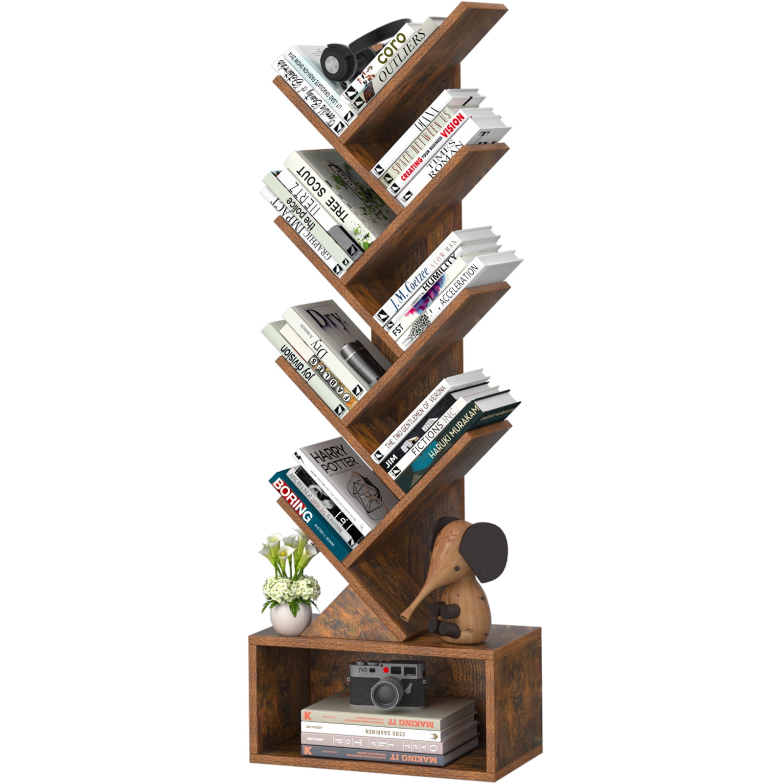 LELELINKY 8 Tier Bookshelf with Drawer, Tree Bookshelf, Small ...