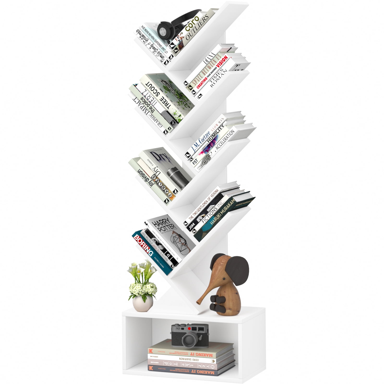 LELELINKY 8 Tier Bookshelf with Drawer, Tree Bookshelf, Small ...