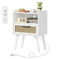 thumbnail image 1 of LELELINKY Accent Bed Side Table, Rattan Night Stands Decor Drawer, White Side Table with Charging Station for Bedroom, 1 of 8