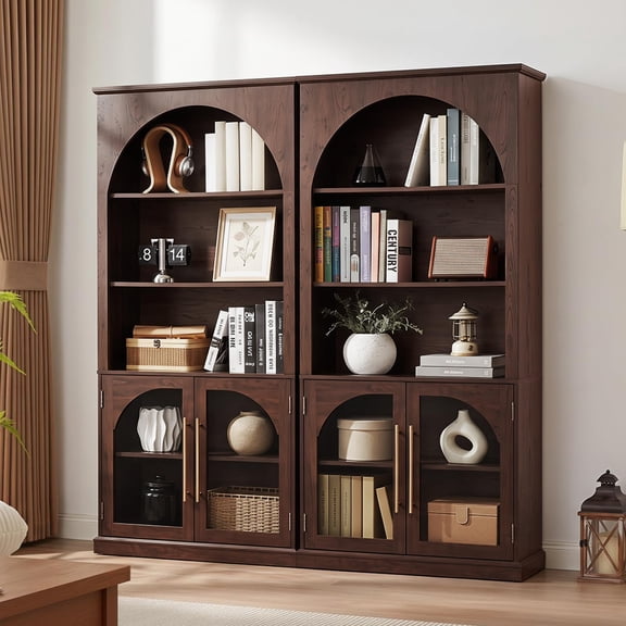 LELELINKY Arched Bookshelf Set of 2, 67" Tall 5-Tier Bookcase with Tempered Glass Doors, Adjustable Shelves, Farmhouse Display Cabinet, Brown