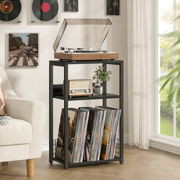LELELINKY Black End Table, Small Side Table with Metal Frame, Modern Record Player Stand with Storage Shelf, Narrow Nightstand for Living Room Bedroom Office