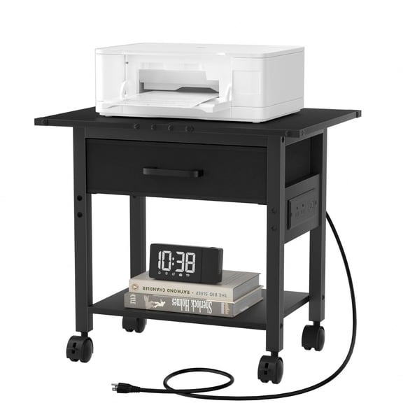 LELELINKY Under Desk Rolling Printer Stand with Charging Station & USB, 2-Tier Mobile Cart with Fabric Drawer & Lockable Wheels for Home Office, Black