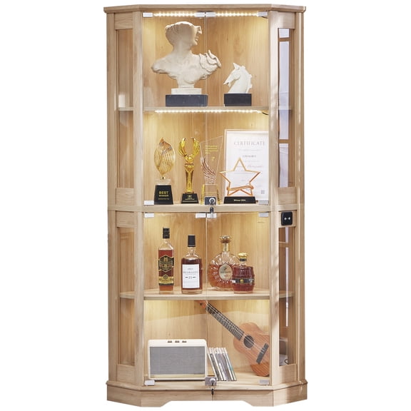LELELINKY Display Cabinet with Glass Door & LED Lights, 65" 4-Tier Curio Cabinet, Modern Glass Display Case for Living Room & Bedroom, Natural Oak