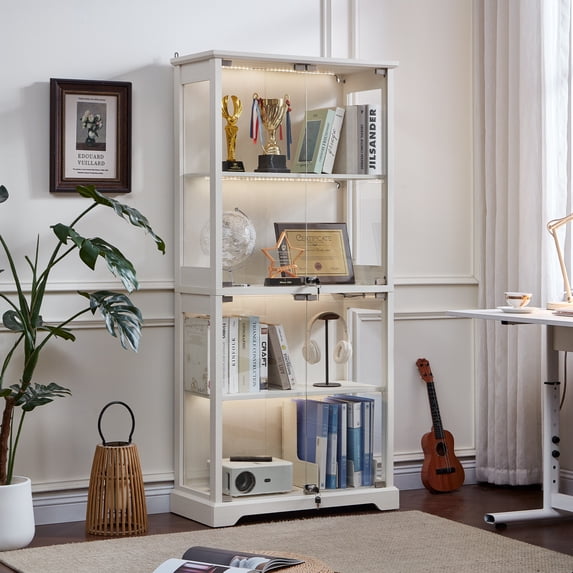 LELELINKY Display Cabinet with Glass Doors, 65" Storage Cabinet with LED, 4-Tier Curio Cabinet & Bookshelf, White Collection Showcase for Home Office
