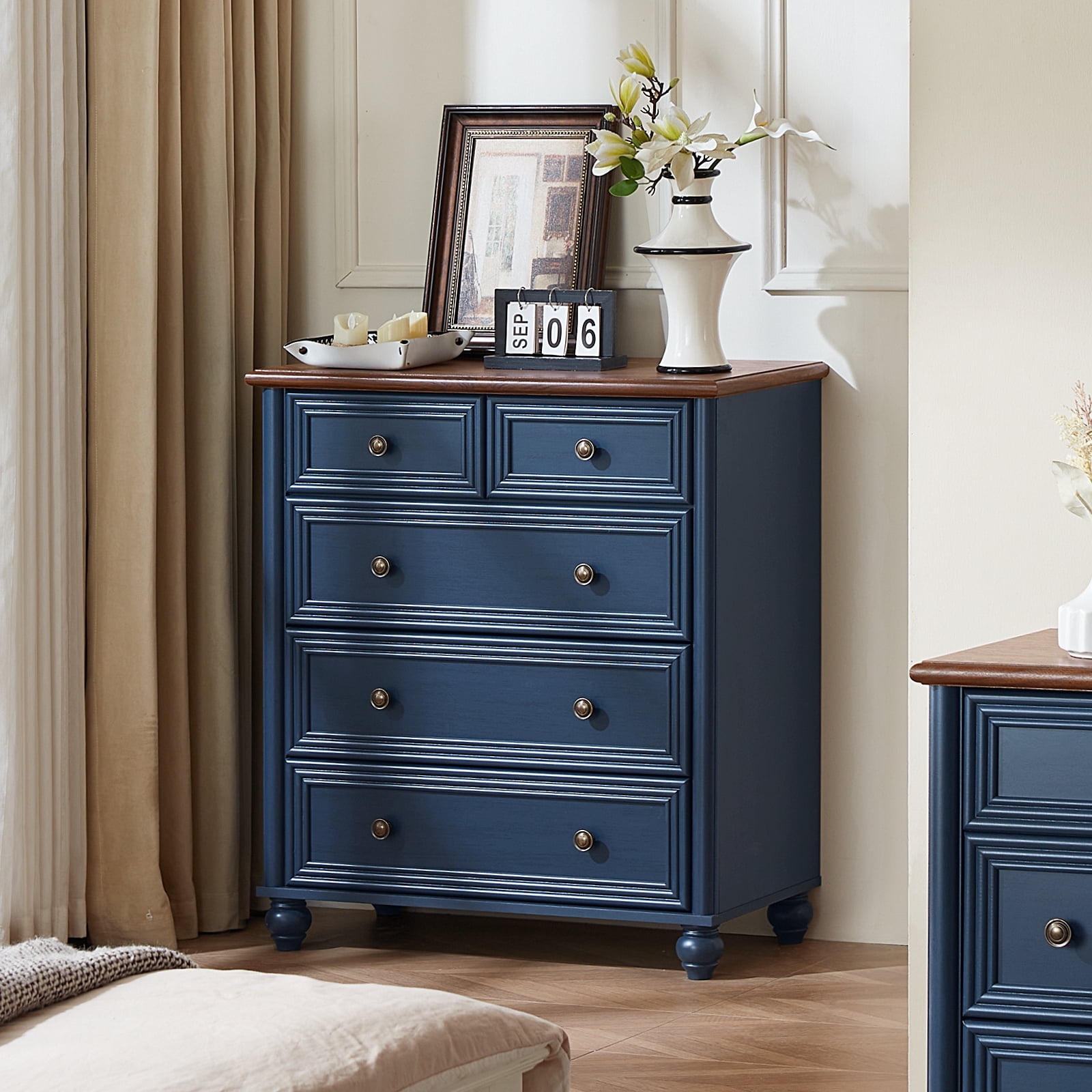 LELELINKY Dresser with 5 Drawers, Wood Tall Chest, Built-in Handle Drawers for Bedroom, Home, Living Room, Hallway - Blue