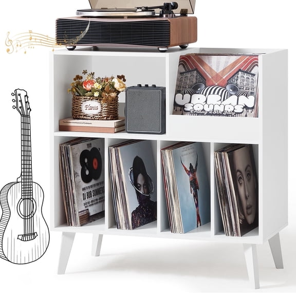 LELELINKY Elegant Record Player with Stand, CD DVD Media Storage with Storage Vinyl Record Cabinet Record Player Furniture Turntable Stand Large Record Holder Holds for Bedroom Living Room, White