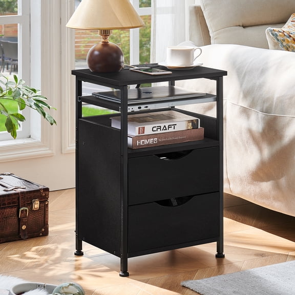LELELINKY End Table with 2 Drawers Bedside Table with Charging Station & 7 Color LED Light, End Table with Storage Shelf for Living Room, Black