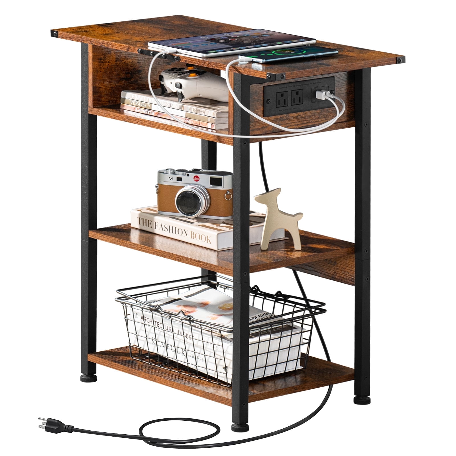LELELINKY Maple End Table with Charging Station,  Side Table for Living Room, Bedroom, Narrow Nightstand Bedside Table with Storage Shelves, Brown