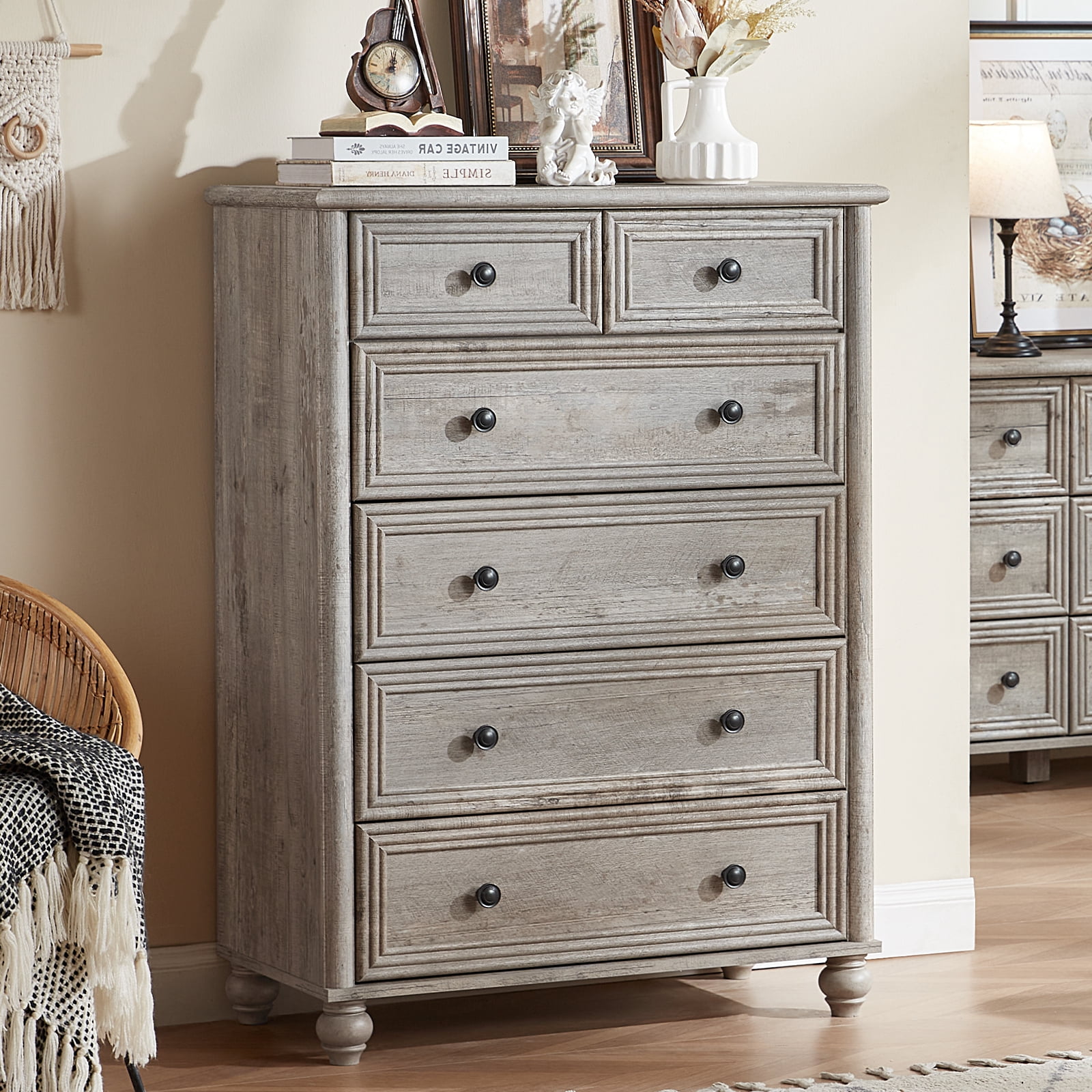 LELELINKY Farmhouse 6 Drawer Dresser, 43.5" Tall Chest of Drawers for Bedroom, Wood Storage Dressers Organizer for Living Room Hallway Closet, Grey