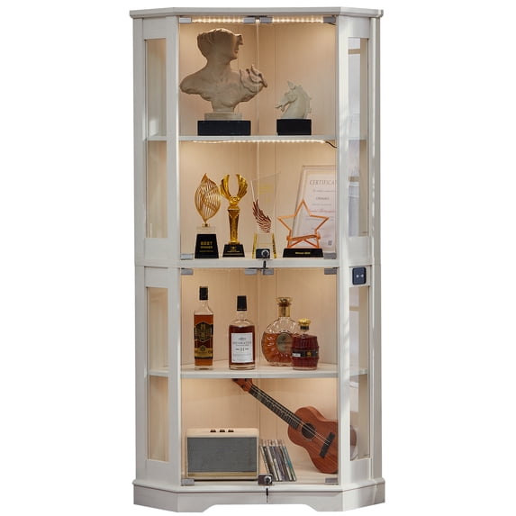 LELELINKY Farmhouse Corner Display Cabinet with Glass Doors, Corner Curio Cabinet with 3-Color LED Motion-Sensor Light, White