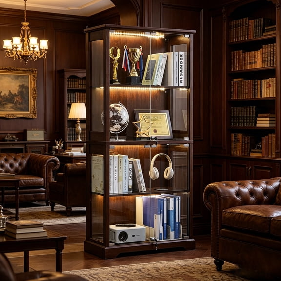 LELELINKY Farmhouse Display Cabinet with Glass Doors, Curio Cabinet with 3-Color LED Motion-Sensor Light, Walnut