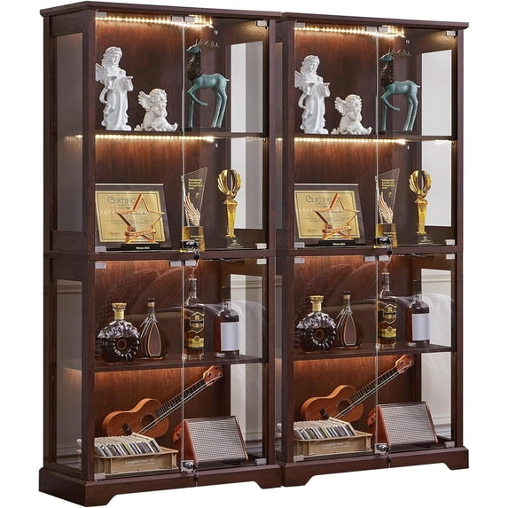 LELELINKY Farmhouse Display Cabinet with Glass Doors Set of 2, Curio Cabinet with 3-Color LED Motion-Sensor Light, Walnut