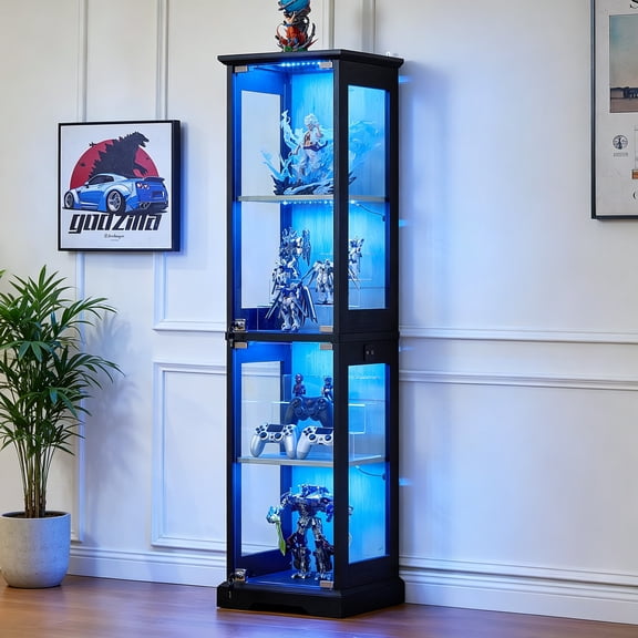 LELELINKY Farmhouse Narrow Glass Display Cabinet with Lock & 3-Color Motion Light, Wood Curio Cabinet for Collectibles, Black