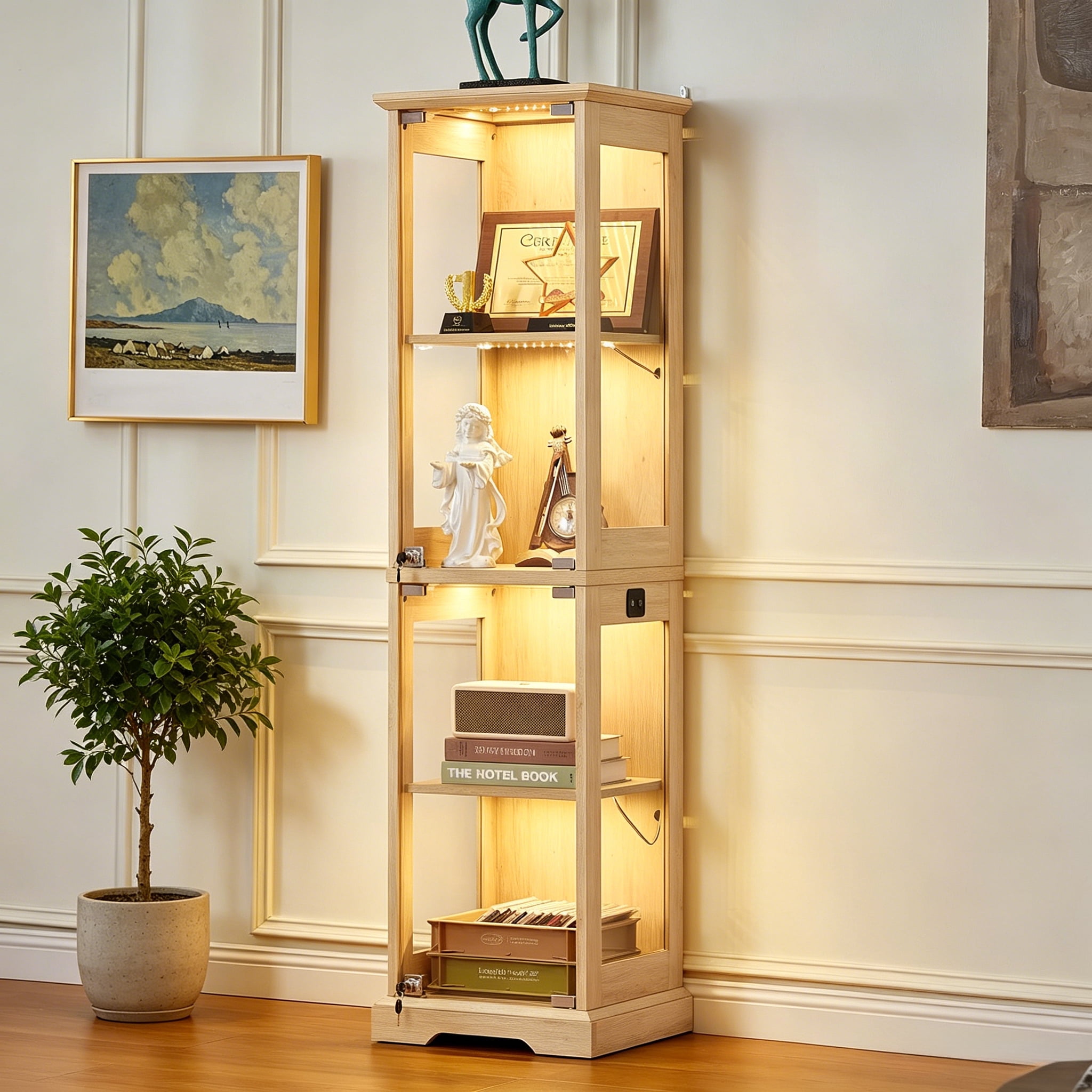 LELELINKY Farmhouse Narrow Glass Display Cabinet with Lock & 3-Color ...