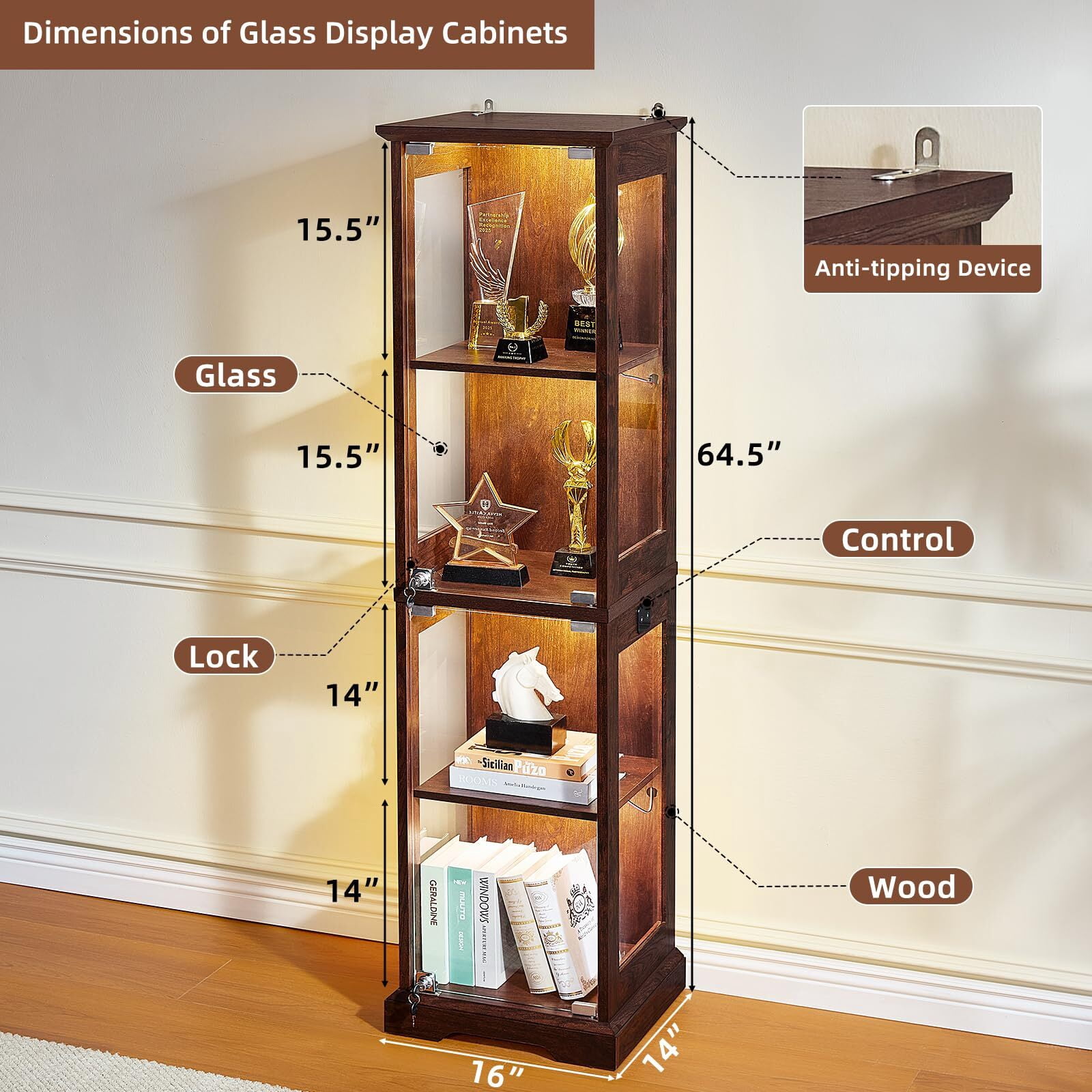 LELELINKY Farmhouse Narrow Glass Display Cabinet with Lock & 3-Color ...