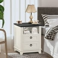 thumbnail image 1 of LELELINKY Farmhouse Nightstand, 2 Drawers End Table w/Charging Station, Wood Rustic Bedside Table w/Open Shlef for Bedroom, White, 1 of 8