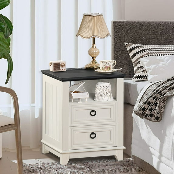 LELELINKY Farmhouse Nightstand, 2 Drawers End Table w/Charging Station, Wood Rustic Bedside Table w/Open Shlef for Bedroom, White
