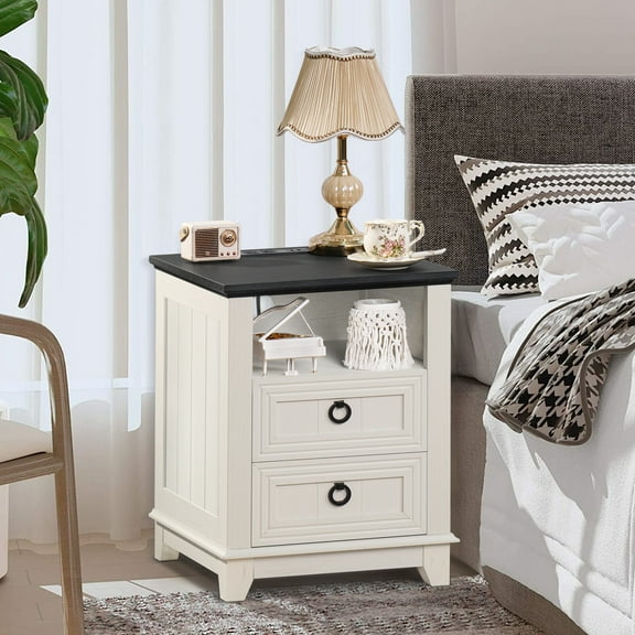 LELELINKY Farmhouse Nightstand, 2 Drawers End Table w/Charging Station, Wood Rustic Bedside Table w/Open Shlef for Bedroom, White