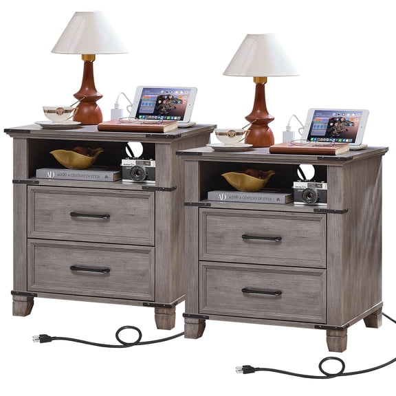 LELELINKY Nightstand Set of 2 with Charging Station, Two 2 Drawer Bedside Tables, Farmhouse Wood End Tables for Bedroom