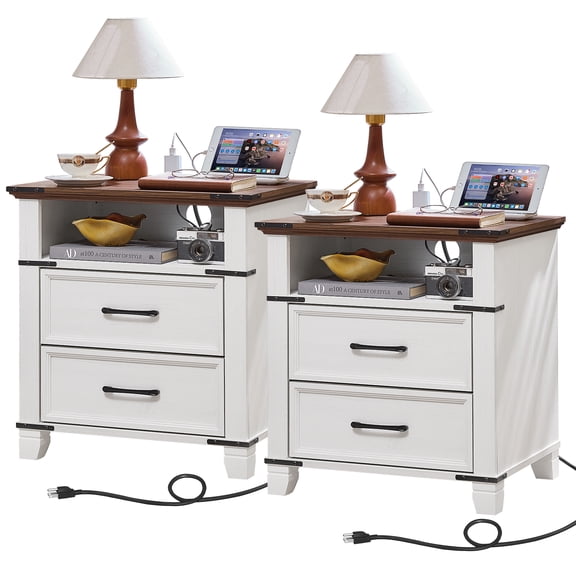 LELELINKY Farmhouse Nightstands with 2 Drawers Set of 2, Farmhouse End Tables with Charging Station, Bedside Tables Chest of Drawers Cabinet, White
