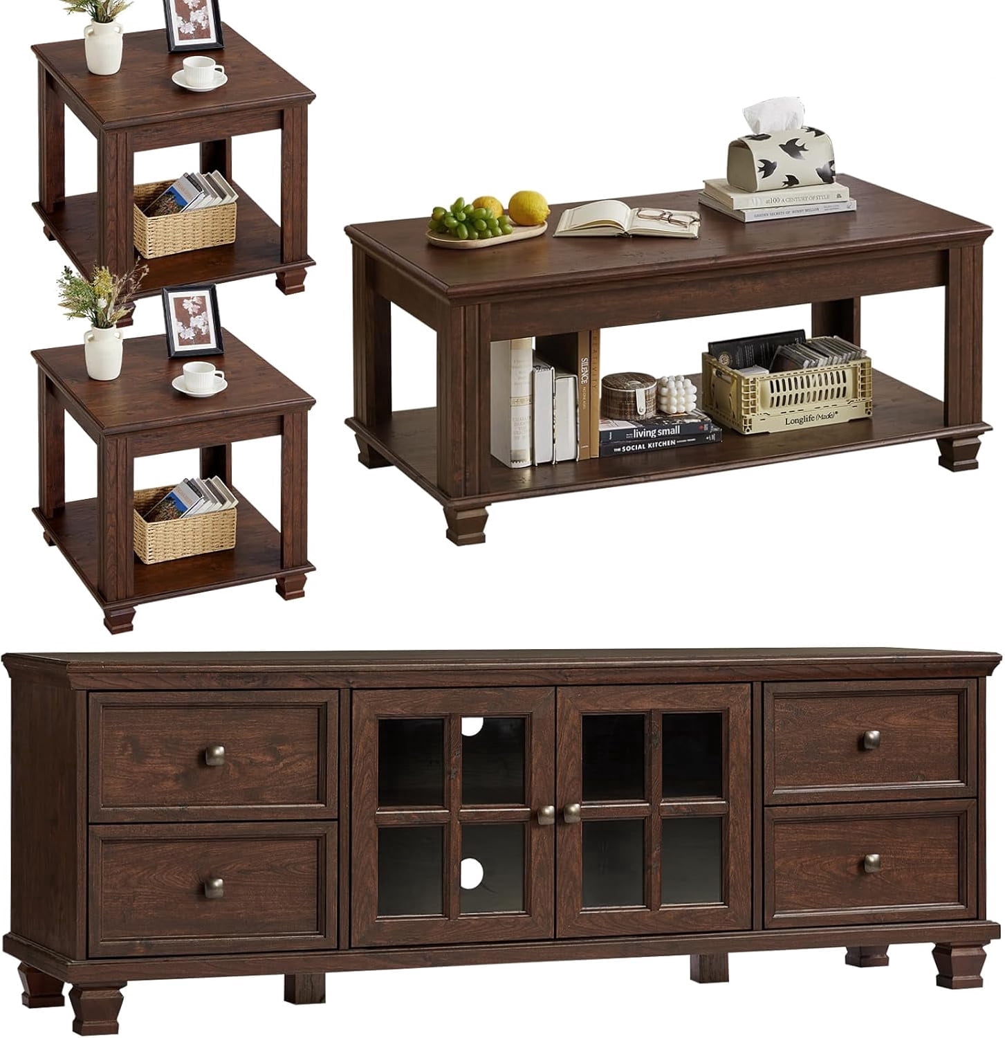 LELELINKY Farmhouse TV Stand and Coffee Table Set 4, Rustic Wood Living Room Table Set with TV Console, Center Table, 2 Pcs End Table for Hall, Walnut