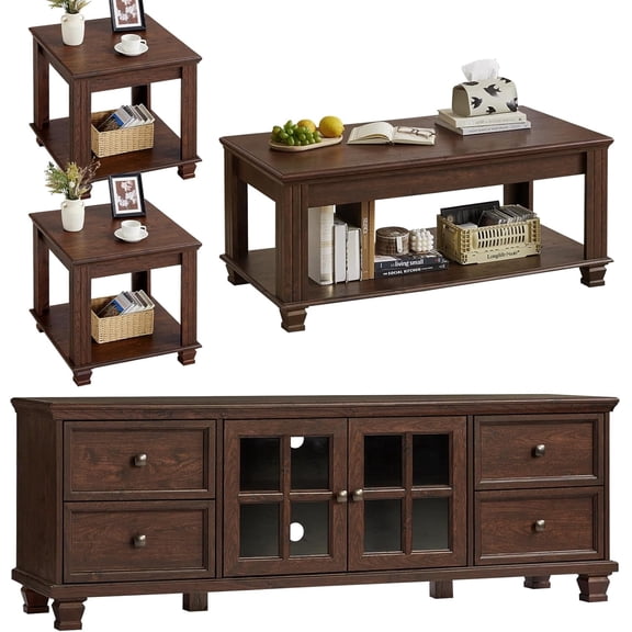 LELELINKY Farmhouse TV Stand and Coffee Table Set 4, Rustic Wood Living Room Table Set with TV Console, Center Table, 2 Pcs End Table for Hall, Walnut