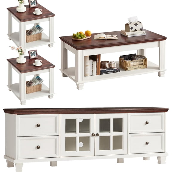 LELELINKY Farmhouse TV Stand and Coffee Table Set 4, Rustic Wood Living Room Table Set with TV Console, Center Table, 2 Pcs End Table for Hall, White