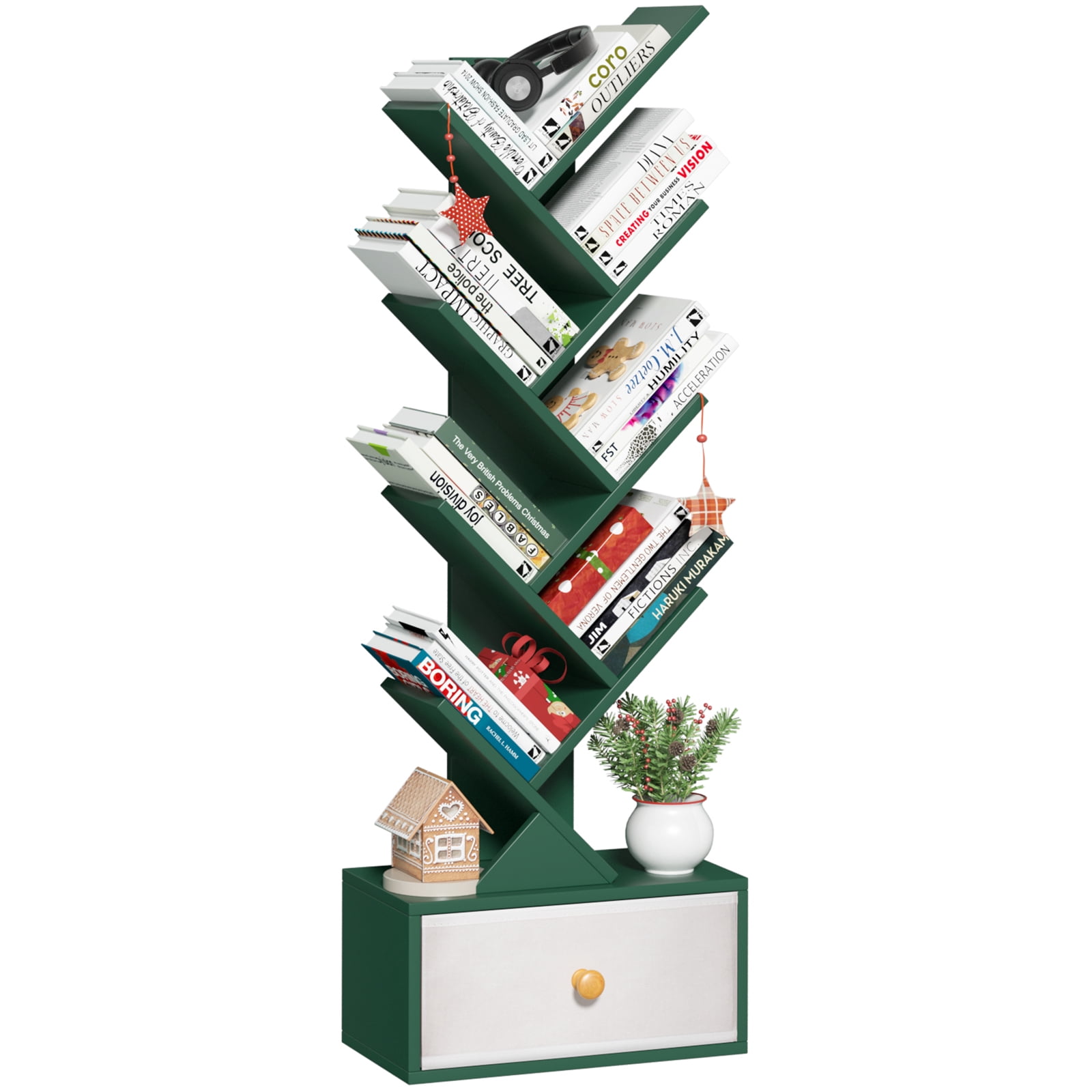 LELELINKY Floor Bookshelves,Tree Bookcase, 8-Tier Floor Standing Bookshelf for Living Room, Dark Green